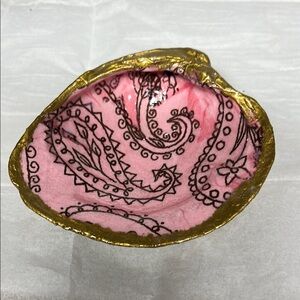 Handcrafted Pink Paisley Decoupage Shell Trinket Dish Gold Trim Coastal